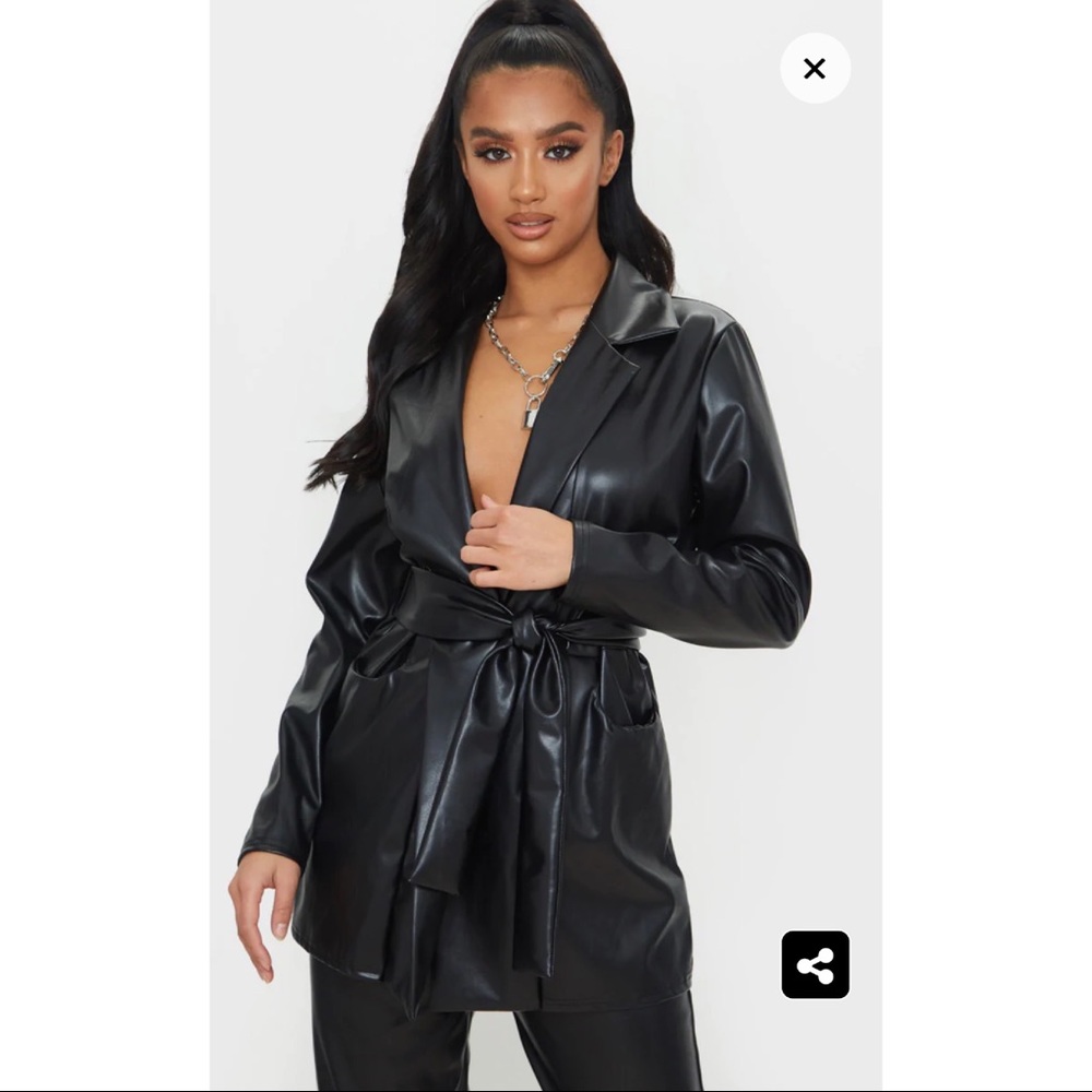 PLT Petite Black Oversized PU Faux Leather Blazer